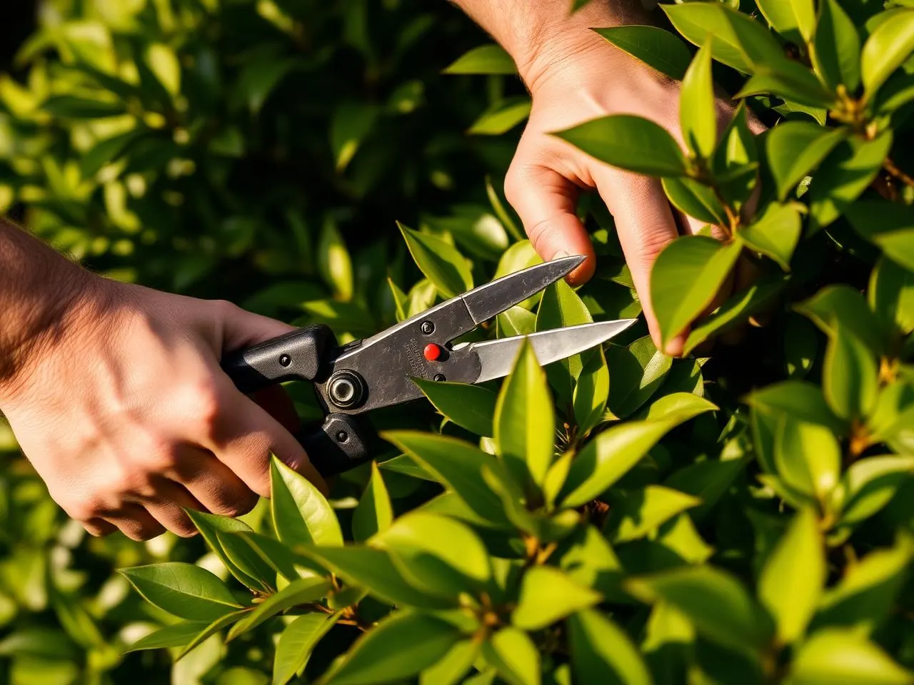 Hands trimming a lush tropical hedge with secateurs