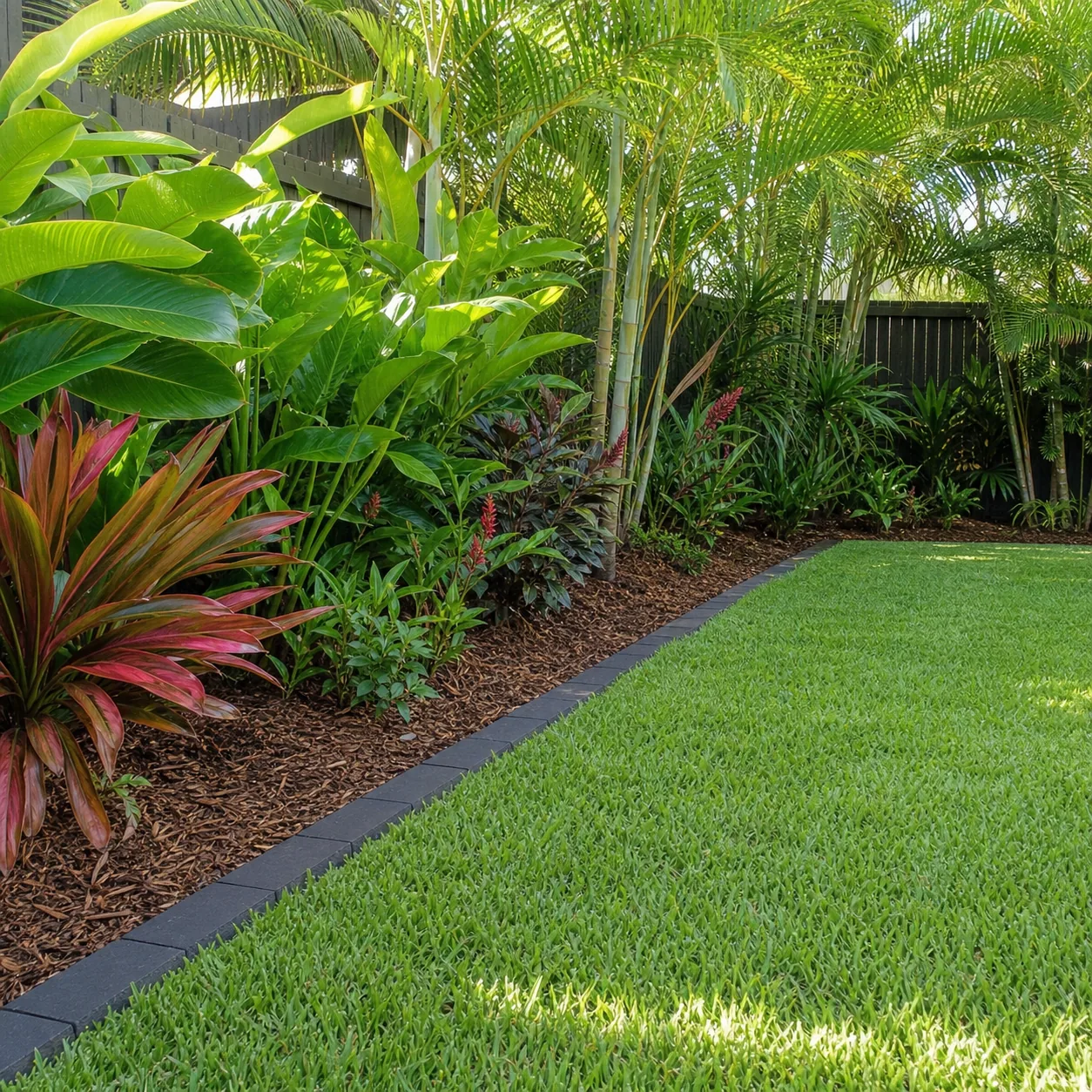Tropical Far North Queensland garden makeover with buffalo lawn, layered palms and charcoal paver edging