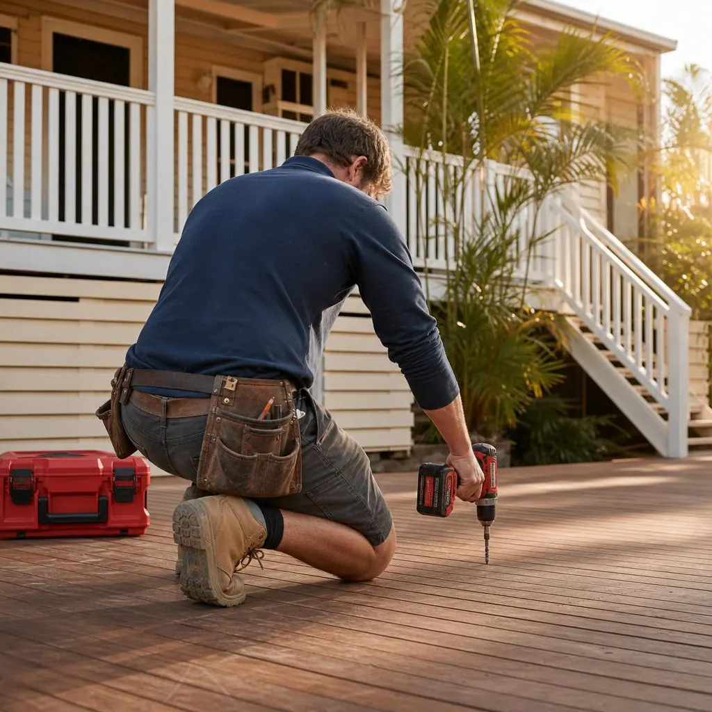 Tradesman repairing a wooden deck with a drill