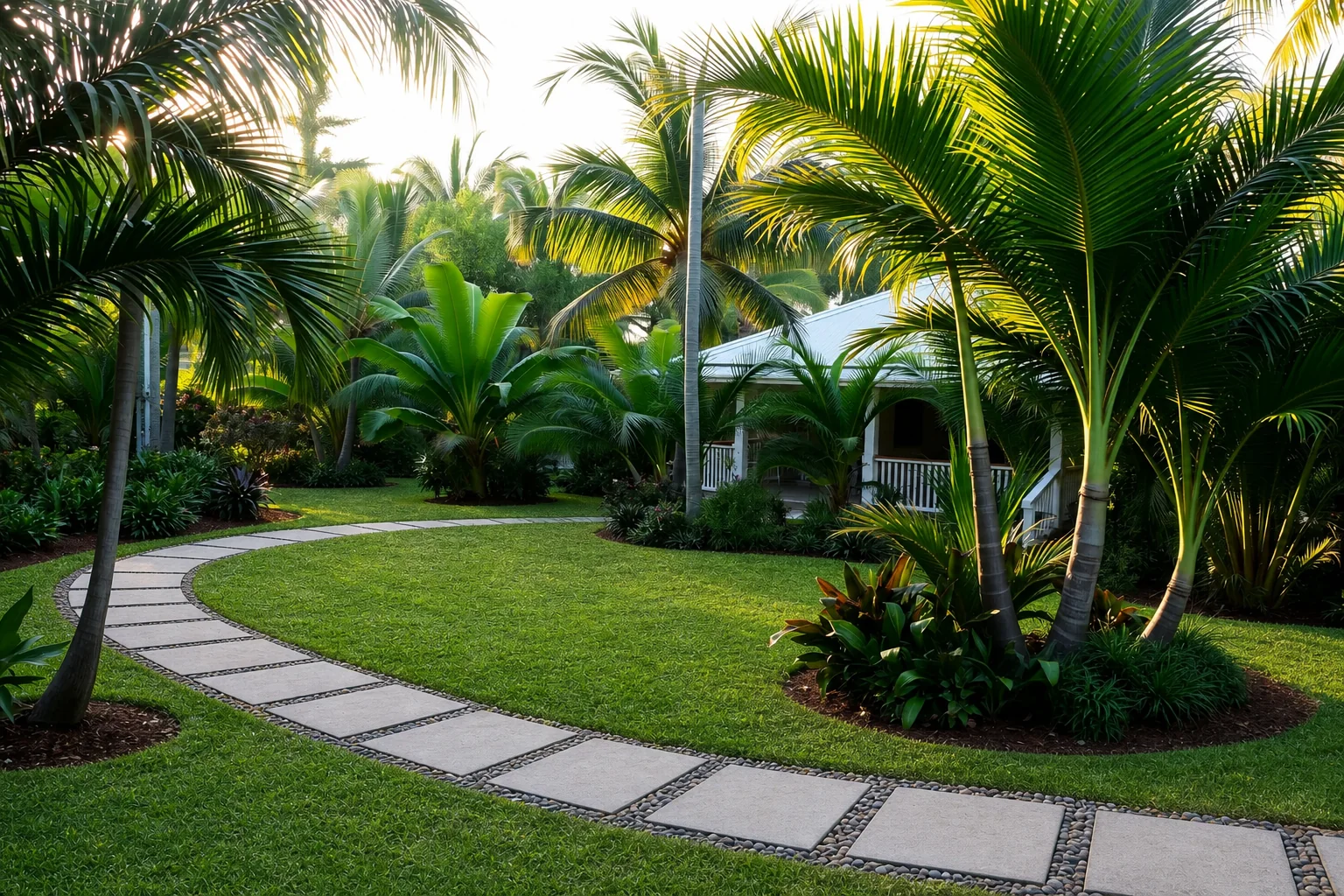 Lush tropical landscaped garden with palms and paved pathway in Far North Queensland