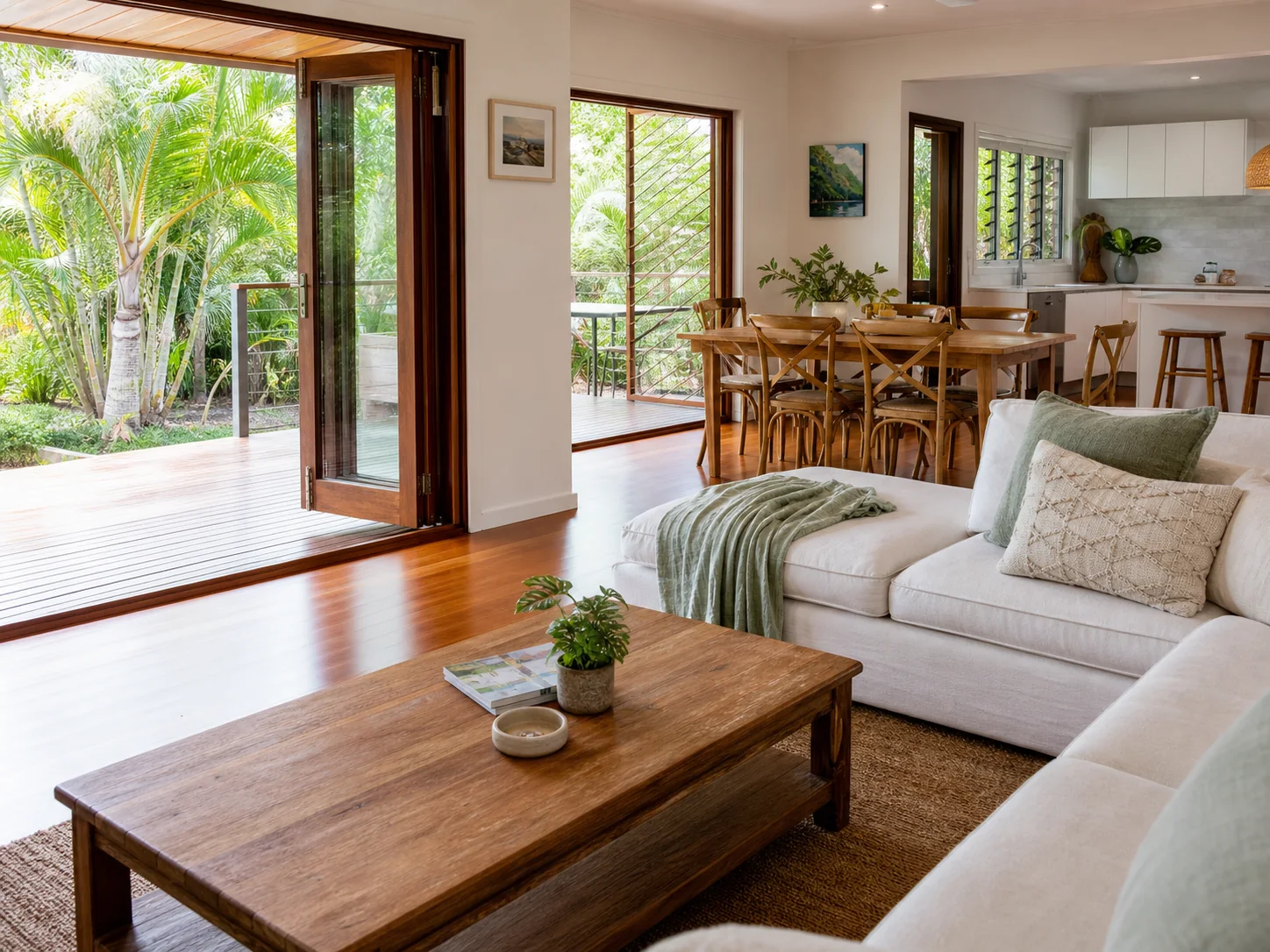 Clean tropical Queensland home interior with timber floors and garden views