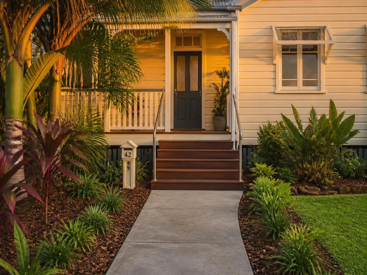 Tidy accessible front path with handrails leading to a Queensland home