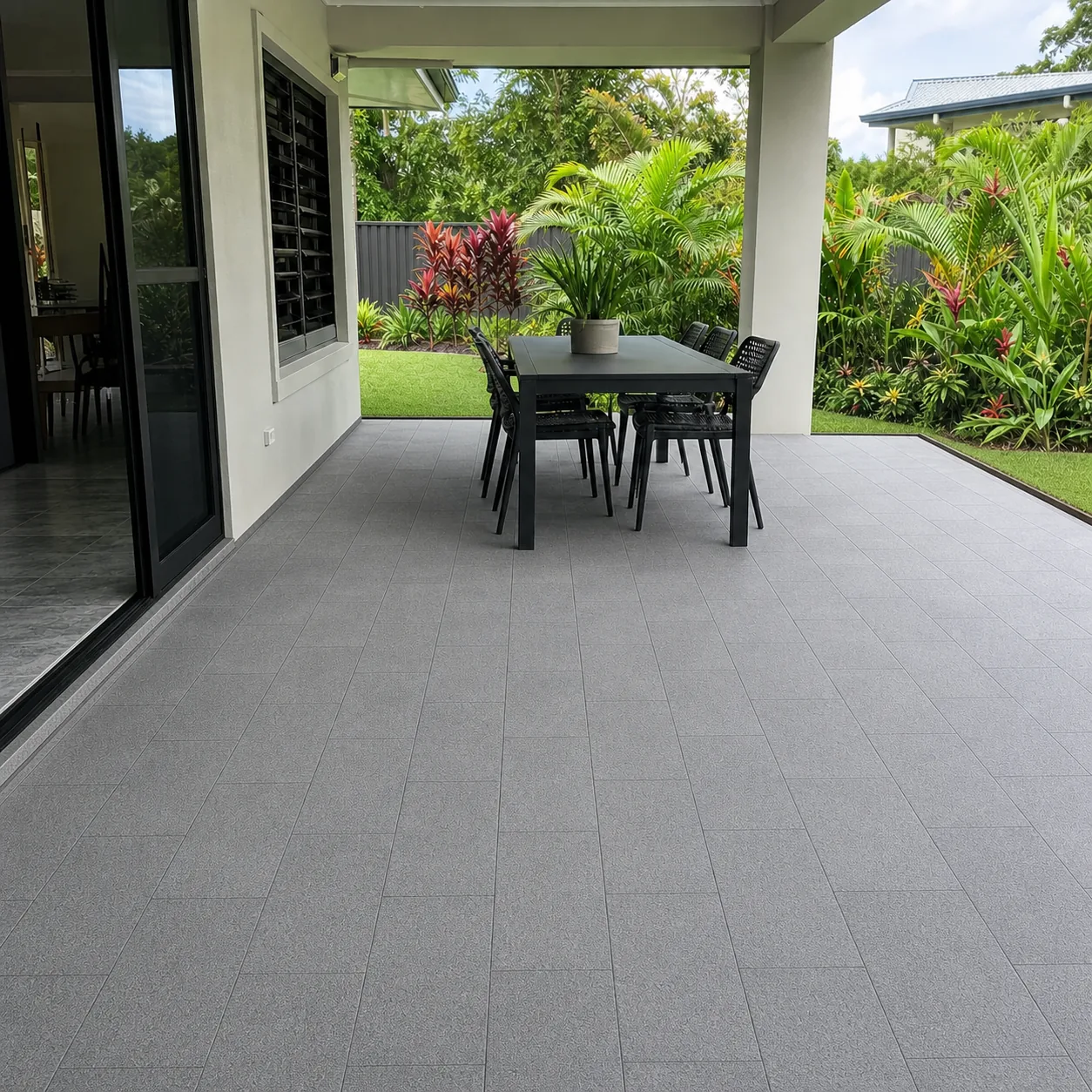 Grey 600 by 400 millimetre pavers in a tropical Cairns alfresco area