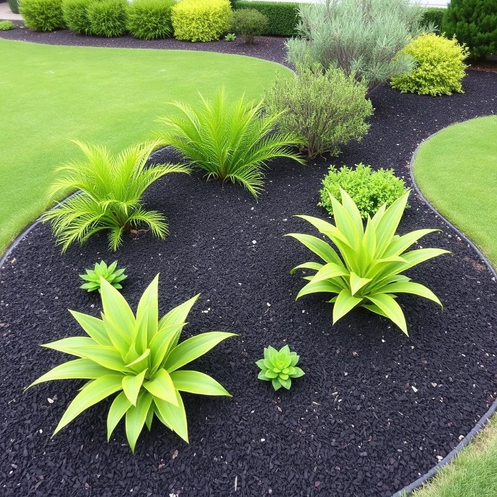 Landscaped garden bed with tropical plants and fresh dark mulch beside a clean lawn edge