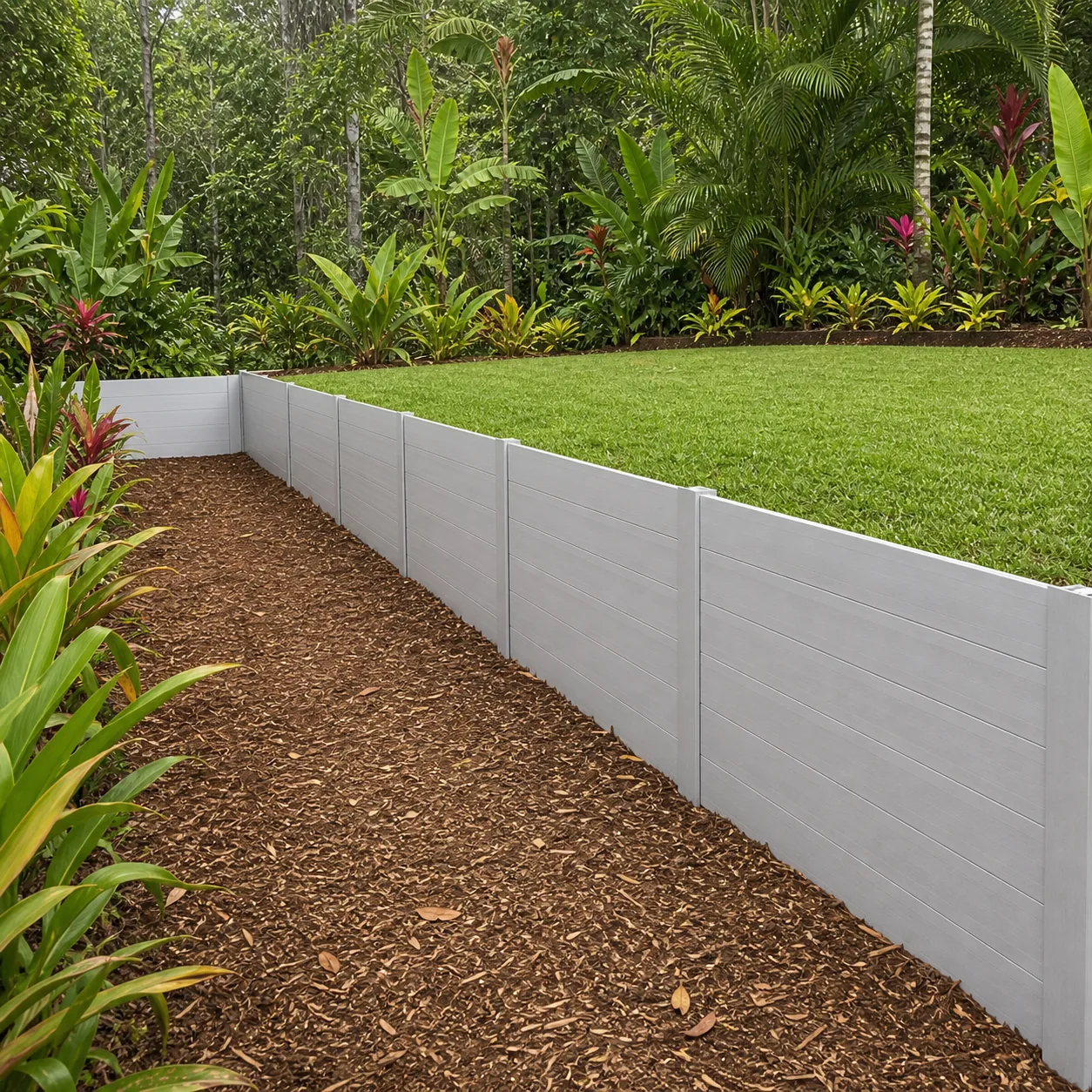 Pale grey Super Sleeper retaining wall with buffalo lawn and tropical planting in Far North Queensland