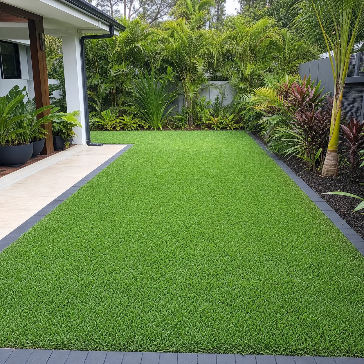 Freshly installed natural buffalo lawn in a tropical Far North Queensland backyard
